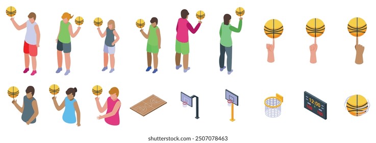 Spinning ball finger icons set. Basketball training icons set isometric vector. Basketball player training, sport game, basketball court and hoop