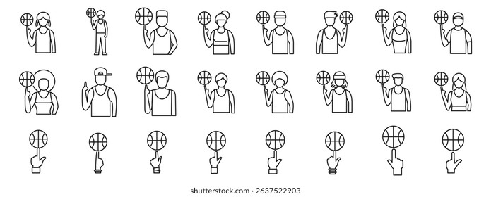  Spinning ball finger icons set. Diverse basketball players spinning ball on fingertip, line icons set representing skill, agility, and control in the sport