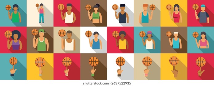  Spinning ball finger icons set. Diverse basketball players spinning ball on fingertip, showcasing their skills and passion for the sport