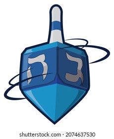 Spinning blue dreidel -or teetotum- with Hebrew letters to play and celebrate during Hanukkah holiday. Design in cartoon style with bold outline.
