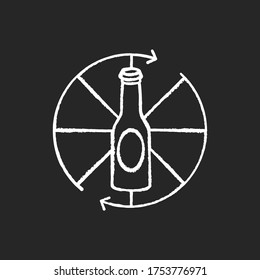 Spinning bottle chalk white icon on black background. Traditional party game, friendly company recreational activity. Teenager entertainment. Rotating bottle isolated vector chalkboard illustration