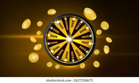Spinning casino wheel and money on black background. Vector realistic illustration of roulette and golden coins flying around, lucky game, winner prize, jackpot bonus, gambling club banner design