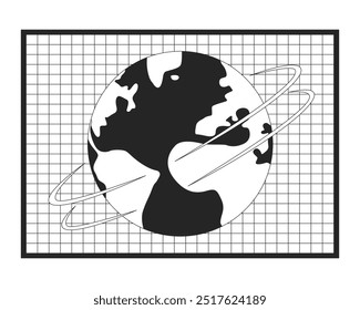 Spinning Earth planet grid black and white 2D line object. World rotation against mesh isolated clip art vector outline item. News global communications. Sphere globe. Monochromatic spot illustration