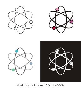 Spinning electrons icons set isolated on white background. Hand-drawn contour icon in doodle style, flat and chalk on a black board. Vector object for the theme of physics and education.