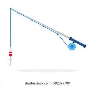 Spinning fishing with a float and a hook vector flat material design isolated on white