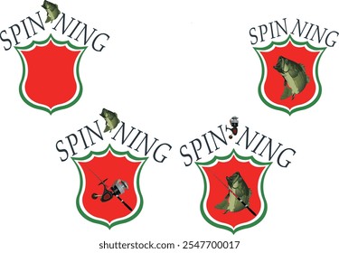 Spinning fishing logo set featuring bass and fishing rod