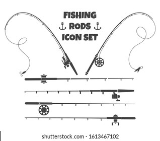 Spinning fishing rod. Fish-rod and spoon-bait tools set isolated on white background with tackle and hook gearing reel instruments