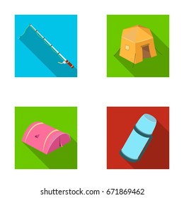 Spinning for fishing, tent, thermos.Tent set collection icons in flat style vector symbol stock illustration web.