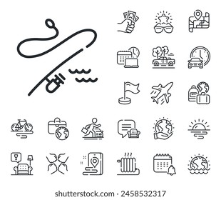 Spinning fish-rod sign. Plane jet, travel map and baggage claim outline icons. Fishing rod line icon. Fish catch tackle symbol. Fishing rod line sign. Car rental, taxi transport icon. Vector