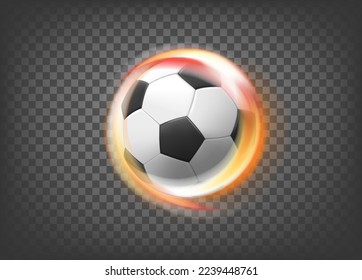 Spinning flaming soccer ball isolated on trandparent. 3d vector illustration with flame effect  