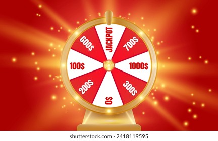 Spinning fortune wheel illustration with Jackpot selected and other money cash prizes. Rotating lucky gambling roulette spin machine. Online casino lucky spin wheel bonus game.