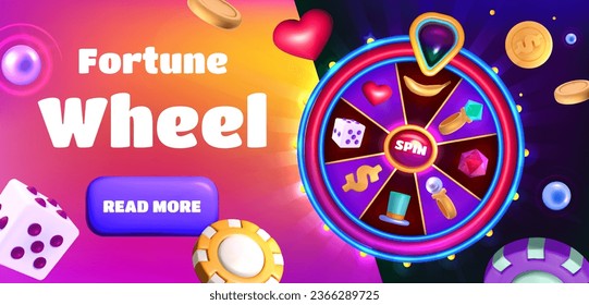 Spinning fortune wheel landing page. 3d lucky casino roulette with golden coins and diamond, prize icons, heart, magic hat and gem glow elements. Win banner vector illustration.