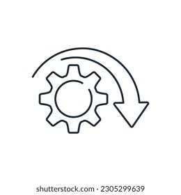 Spinning gear and down arrow. Decrease in technical possibilities. Engineering, functional degradation.Vector linear icon isolated on white background.