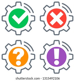 Spinning gears and cogs machine icons. Questions & answer for troubleshooting. Check box, checkmark and feedback list. Vector illustration.