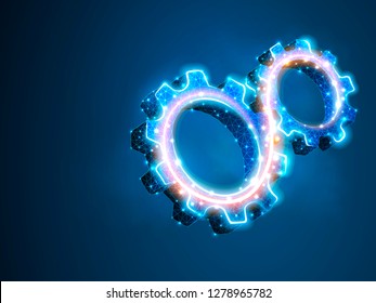 Spinning Gears. Industry Development, Engine Work, Business Solution Concept. Machine Engineering Technology Symbol. Vector Low Poly Polygonal Wireframe Two 3d Gears Illustration On Blue Background