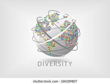 Spinning globe with dotted colorful map and lines representing communication. Concept of diversity around the world