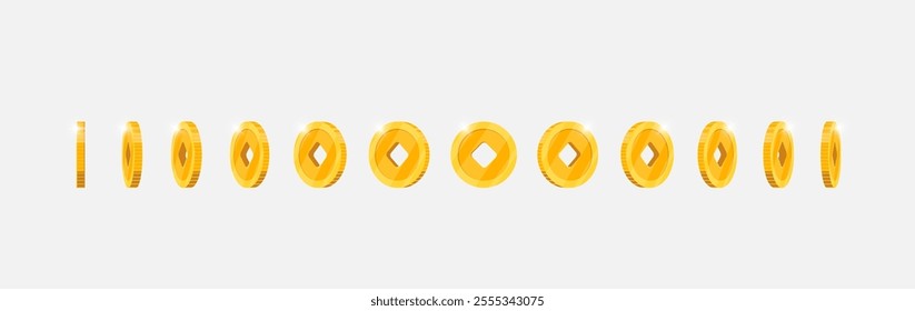 Spinning gold currency with Chinese lucky symbol with square hole for video games. Metallic token rotates fluidly at different perspectives. Flat 3D achievement marker in dynamic motion