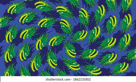 Patrón de cabeza de dragón verde giratorio con sombra de caída sobre fondo azul oscuro