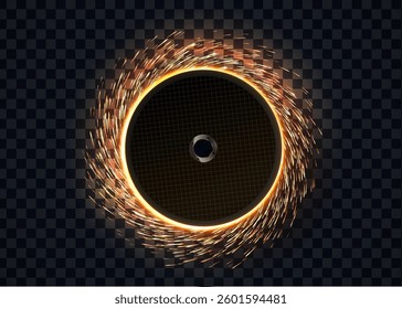 Spinning grinding disc with glowing sparks light effect. Intense energy, heat, industrial motion captured dynamically.Isolated abrasive disc with sparks on transparent background. Vector illustration