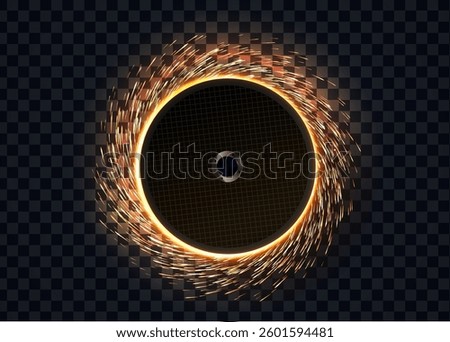Spinning grinding disc with glowing sparks light effect. Intense energy, heat, industrial motion captured dynamically.Isolated abrasive disc with sparks on transparent background. Vector illustration