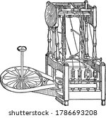 Spinning machine produces stronger thread than spinning jenny, vintage line drawing or engraving illustration.