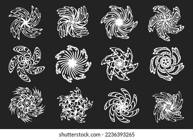 Spinning mandala design elements. Abstract spinning, rotating, twisted flowers collection. Floral monochrome design elements.