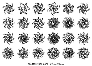 Elementos de diseño de mandala giratoria. Colección de flores giratorias, giratorias y retorcidas. Elementos de diseño floral monocromo.