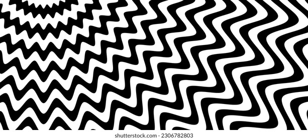 Fondo de ilusión óptica giratoria. Superficie de líneas de onda abstractas en blanco y negro. Diseño de afiches. Papel tapiz de la ilusión espiral de torsión. Ilustración del vector