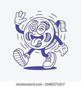 A spinning popcorn film reel character, bursting with energy in a playful, fun movie-themed cartoon design.