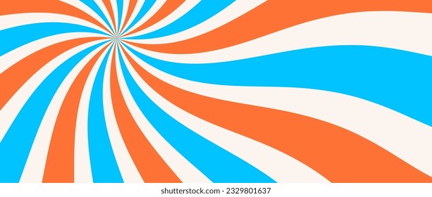 Spinning radial lines background. Orange blue curved sunburst wallpaper. Abstract warped sun rays and beams comic texture. Vintage summer backdrop for posters, banners, templates. Vector illustration