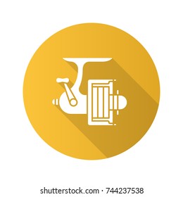 Spinning reel flat design long shadow glyph icon. Fishing gear. Vector silhouette illustration