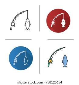 Spinning rod with fish catch icons set. Flat design, linear, black and color styles. Fishing equipment. Isolated vector illustrations
