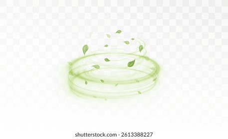 Spinning swirl of glowing green light with floating fresh leaves on transparent background. Symbol of clean energy, vitality, and harmony with nature for eco visuals and organic concepts.

