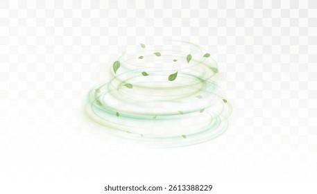Spinning swirl of glowing green light with floating fresh leaves on transparent background. Symbol of clean energy, vitality, and harmony with nature for eco visuals and organic concepts.

