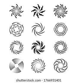 Spinning swirls set. Circular spirals, radial twirls, monochrome twisting shapes in motion. Vector illustrations for hypnotic effect, hypnosis, whirlpool, vortex topics