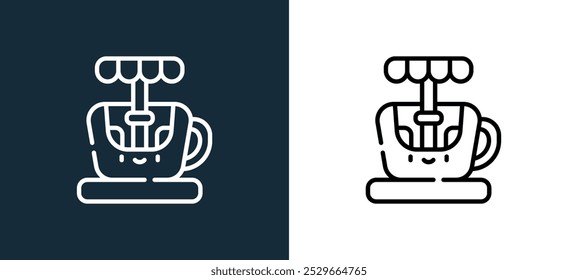 rotierendes Teetassen-Symbol einzeln auf Weiß und Schwarz. Drehen Teetasse Umriss linearen Vektorsymbol aus Vergnügungspark-Sammlung für mobile Apps, Web und ui.