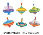 spinning top. colored rotated games for kids gyroscope twirl. Vector cartoon illustrations set