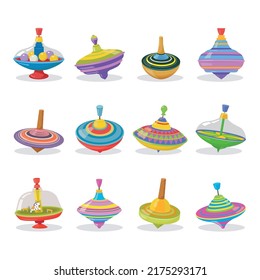 spinning top. colored twirl spinning children toys isolated on white background. Vector illustrations set