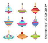 spinning top set cartoon. play game, child blue, colorful children spinning top sign. isolated symbol vector illustration