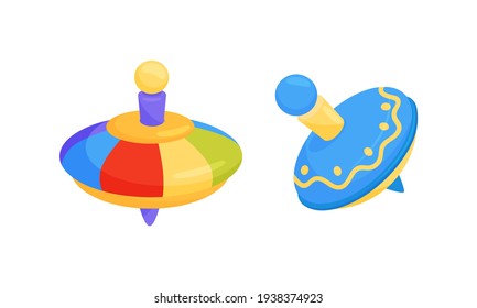 Spinning Top as Squat Toy with Sharp Point at the Bottom Vector Set