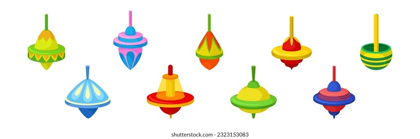 Spinning Top as Squat Toy with Sharp Point at the Bottom Vector Set