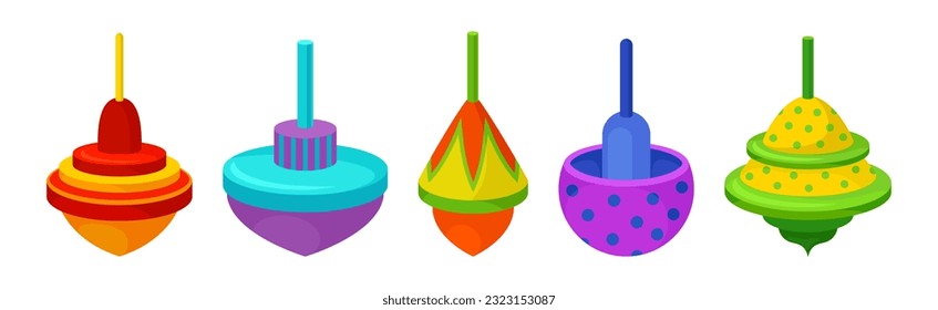 Spinning Top as Squat Toy with Sharp Point at the Bottom Vector Set