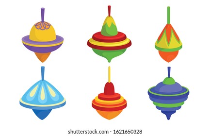 Spinning Top Vector Set. Colorful Childish Pegtop Collection