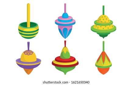 Spinning Top Vector Set. Colorful Childish Pegtop Collection