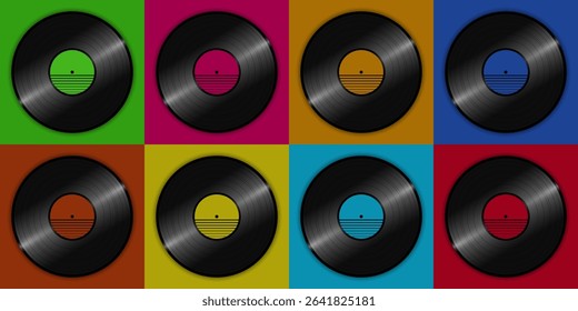 Spinning vinyl discs on simple colors background. Seamless looping footage. Old technology. Retro design. 3D animation of music record rotating. Loop animation. Retro music vintage Synthwave style. 