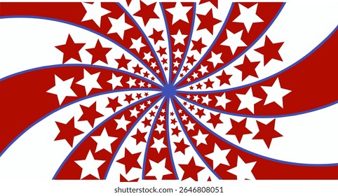 Spinning vortex of red and white stars on a dynamic blue and red background, symbolizing motion, celebration, and patriotic energy.