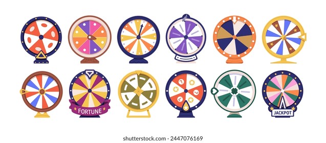 Spinning wheel, casino luck game. Fortune circles, round lucky roulettes set. Lottery fortuna rotation machines for gambling, risk and jackpot. Flat vector illustration isolated on white background