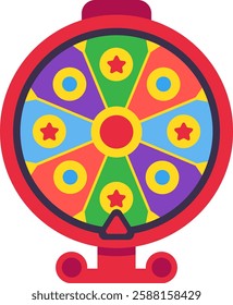 Spinning wheel with colorful segments and stars, offering random results for gambling, entertainment, or decision making, creating excitement and anticipation