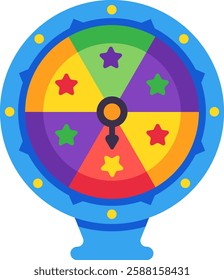 Spinning wheel of fortune displaying vibrant star prizes against a colorful backdrop, capturing themes of luck, gambling, and the excitement of chance in games and lotteries