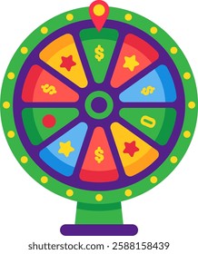 Spinning wheel of fortune featuring vibrant segments with money and star prizes, creating excitement and anticipation for players hoping to win big in a thrilling game of chance